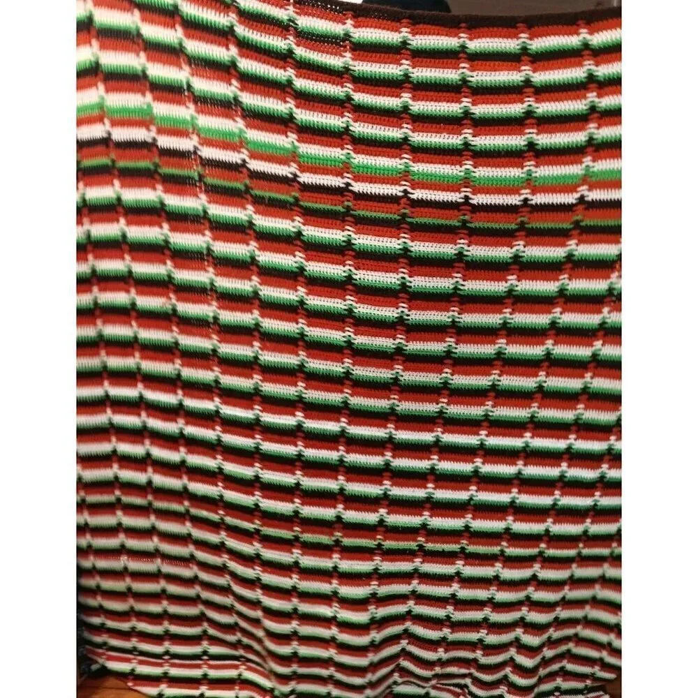 Vintage Handmade Crochet Afghan Throw Blanket Burnt Orange Green Brown Big 80x78